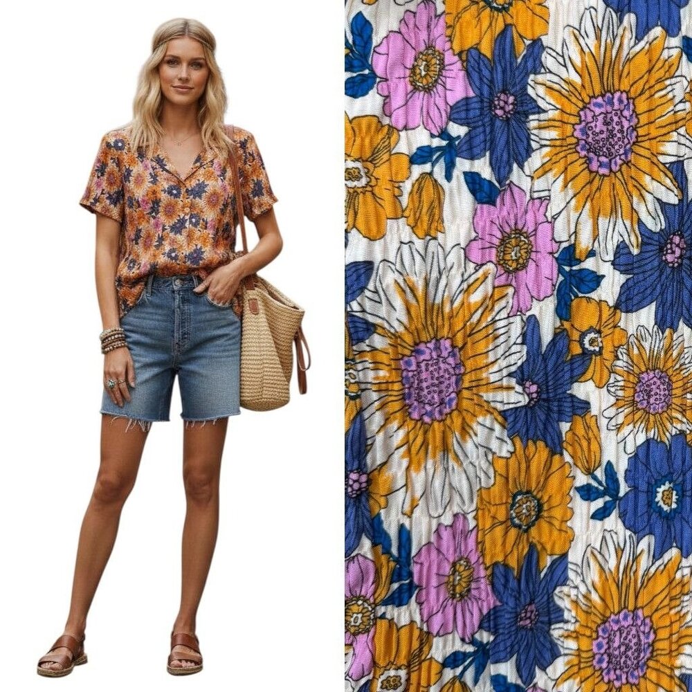Forever 21 Floral Crinkle Button Up Camp Shirt Boho Retro Orange Blue‎ Womens M